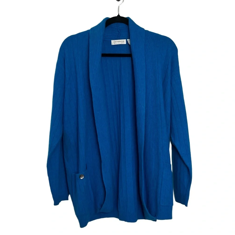 Liz Claiborne Lambswool Rabbit Blue Open Front Ribbed Cardigan Petite Medium‎